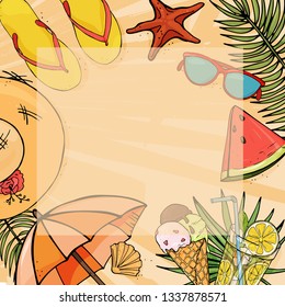 Summer frame for your text. Beach holidays and summer food. Colorful beach items in the style of the sketch. Vector illustration. Template. Mock up.