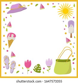 Marco de verano para el texto con elementos dibujados a mano. Helados, sandías, hojas, sol, sombrero, sandalias, bolsa de playa. Ilustración vectorial brillante.