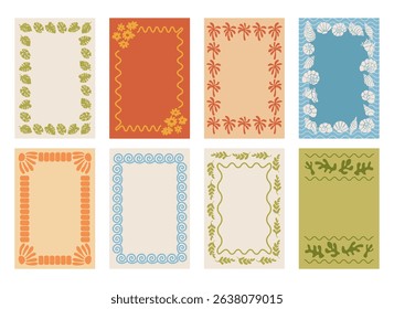 Summer frames in linocut style. Hand drawn tropical leaves, trees for borders. Vector summer posters