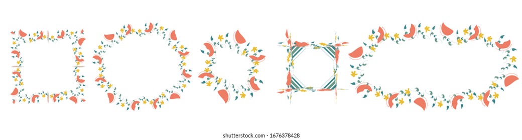 Summer frames made from hand drawn  leaves  and fruits . Vector collection set of frames with fruits,watermelon isolated on white background 