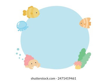Summer frames of sea creatures, cute fish, jellyfish, hermit crabs and sea anemones 