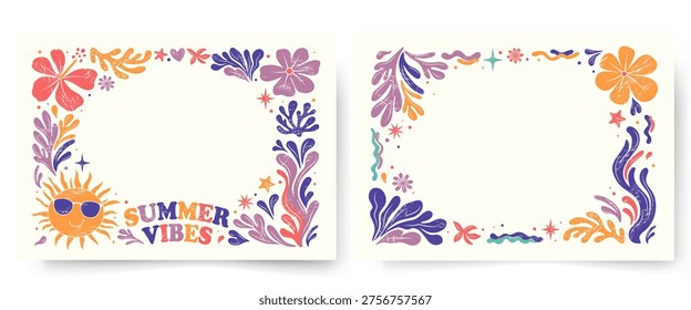 Summer frames with shells, tropical flowers, sun, corals. Retro frames with copy space. Groovy style border.