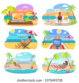 Summer freelance distant work colorful posters set vector illustration green palm trees cheerful people with laptops, seascapes and job on vacation