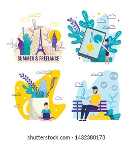 Summer and Freelance, Distant Work and Travel Cards Set. Cartoon Man Designer or Programmer Working Remotely on Laptop in Park. Flat Woman Presenting New Project on Tablet. Vector Illustration