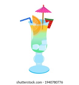 Cóctel de verano fresco con una tajada de naranja y sandía. Paraguas de cóctel y paja en un vaso con hielo. Bebida refrescante de verano. Ilustración vectorial aislada sobre fondo blanco.