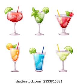 Summer fresh cocktails set, for summer designs, cooling drinks, mojito, blue lagoon, pina colada, bloody mary, isolated on a white background