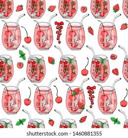 Summer fresh drink / beverage /compote with cherries, strawberries, mint and ice in glasses. Vector illustration, hand drawn sketch. Seamless pattern.