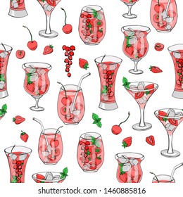 Summer fresh drink / beverage /compote with cherries, strawberries, mint and ice in glasses and jug. Vector illustration, seamless pattern. Hand drawn sketch.