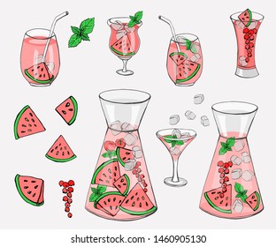 Summer fresh drink / beverage /compote with watermelon, red currant berries, mint and ice in glasses and jugs. Vector illustration, hand drawn. 