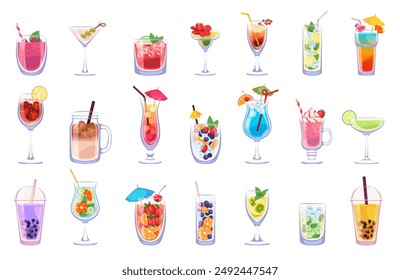 Summer fresh drinks. Fruit cocktails, cold beverages in various form glasses, ice cubes, soda and mint leaves, juices and lemonades, mojito and margarita. Tidy vector isolated set