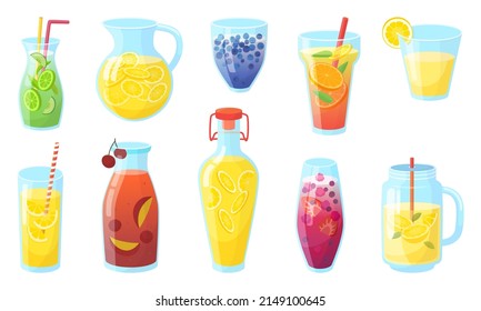 Summer fresh drinks. Tropical flavor juice, ice tea and citrus lemonade in bottle glasses or jar. Alcoholic fruit beach beverages, neoteric vector cartoon signs - Shutterstock ID 2149100645