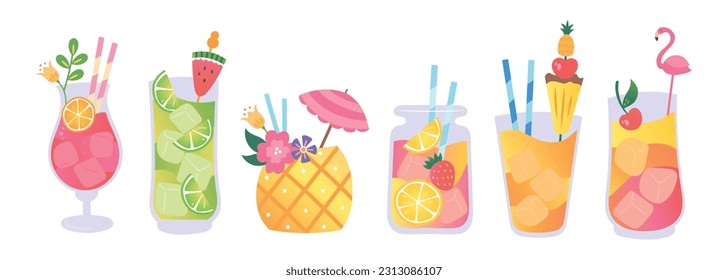 Summer fresh drinks. Tropical flavor juice, ice tea and citrus lemonade in bottle glasses or jar. Alcoholic fruit beach beverages, neoteric vector cartoon signs