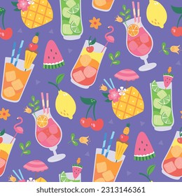 Summer fresh drinks. Tropical flavor juice, ice tea and citrus lemonade in bottle glasses or jar. Alcoholic fruit beach beverages, flat vector cartoon style