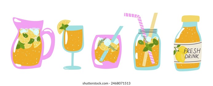 Summer fresh drinks. Tropical flavor juice, ice tea and citrus lemonade in different glass container. Summer soft drinks with lemon, rosemary and mint.