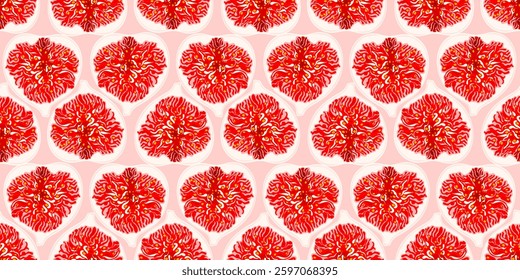 Summer fresh fig fruit seamless pattern.  Summertime fresh print design with seedy, and juicy sliced figs. Pink color background
