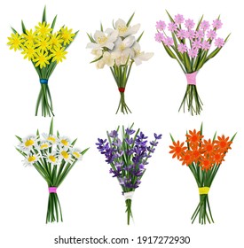 Los ramos de flores frescas de verano. Colección de flores con arcos para la mujer. Lavanda, camomila, jazmín, flor de primavera. Ilustración vectorial.