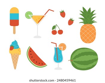 Summer fresh food set. Ice cream, cocktails, watermelon, pineapple, strawberry and cherry. Sweets, drinks and fruits collection. Vector flat illustration isolated on white background