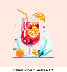summer fresh fruit refreshing  cocktail with orange slices, strawberries and cherries on a light pink background. vector.
