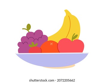 Summer fresh fruits on plate vector illustration. Cartoon sweet banana, ripe grapes, apple and strawberry lying on platter, colorful mixed healthy food dessert for vitamin diet isolated on white