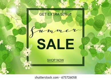 Summer fresh green leaves with sun rays