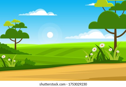 Summer Fresh Green Nature Field Land Sky Landscape Illustration