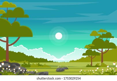 Summer Fresh Green Nature Field Land Sky Landscape Illustration
