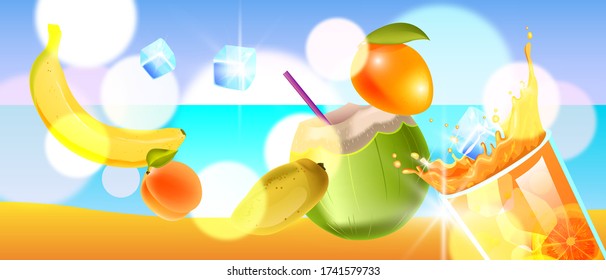 Summer fresh juice background with sand, ocean, glass with lemonade, splash, green coconut. Exotic banner with cold drink, mango, banana, ice cube, peach, flare. Tropical background in realistic style