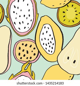 Summer fresh juicy hand-drawn seamless pattern with fruits. Summer vector print with fruits papaya, passion fruit, kiwi, lemon, dragon fruit. Can be used for design of t-shirts, textiles and fabrics.