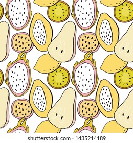 Summer fresh juicy hand-drawn seamless pattern with fruits. Summer vector print with fruits papaya, passion fruit, kiwi, lemon, dragon fruit. Can be used for design of t-shirts, textiles and fabrics.