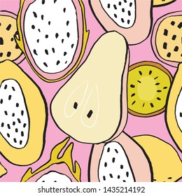 Summer fresh juicy hand-drawn seamless pattern with fruits. Summer vector print with fruits papaya, passion fruit, kiwi, lemon, dragon fruit. Can be used for design of t-shirts, textiles and fabrics.