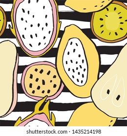 Summer fresh juicy hand-drawn seamless pattern with fruits. Summer vector print with fruits papaya, passion fruit, kiwi, lemon, dragon fruit. Can be used for design of t-shirts, textiles and fabrics.