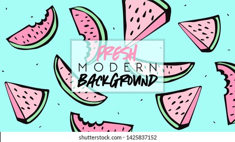 Summer. Fresh modern background. Fruit fashion poster or banner. Summer vector watermelon illustration easy editable for wallpaper or store sale illustration for greeting cards, prints. Journal cards.