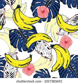 Summer and fresh  mood Beautiful Hand drawn seamless pattern with tropical outline and palm leaves mix with  banana hibiscus flowers  colorful hawaiian forest  Vector sketch on white background.