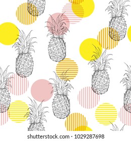 Summer fresh outline pineapple Seamless  pattern with hand drawing  mix with sweet colorful stripe polka dots Vector illustration repeat on white.