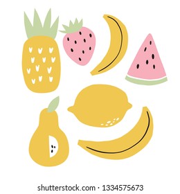 Summer fresh print with hand drawn fruit.   Banana, watermelon, strawberry, lemon in modern style and pastel colors