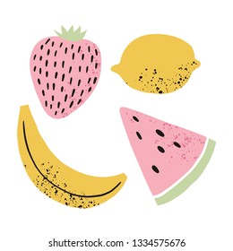 Summer fresh print with hand drawn fruit.   Banana, watermelon, strawberry, lemon in modern style and pastel colors