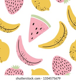 Summer fresh print with hand drawn fruit.   Banana, watermelon, strawberry, lemon in modern style and pastel colors