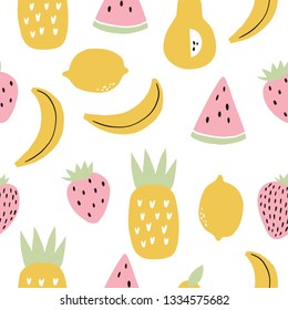 Summer fresh print with hand drawn fruit.   Banana, watermelon, strawberry, lemon in modern style and pastel colors