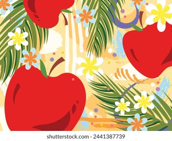 Summer fresh red apples, flowers, and palm leaves abstract vector illustration isolated on horizontal yellow background. Colorful social media post, poster, brochure, or card prints design.