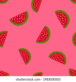 Summer fresh seamless pattern with bright red watermelon slice ornament. Pink background. Summer ornament. Flat vector print for textile, fabric, giftwrap, wallpapers. Endless illustration.