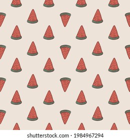 Patrón veraniego fresco y sin costuras con una pequeña huella de sandía roja. Fondo Pastel. Fondo de comida. Diseño gráfico para envolver texturas de papel y tela. Ilustración vectorial.