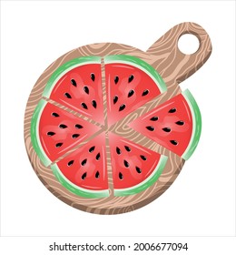 Summer fresh watermelon pizza. Isolated vegetarian and vegan pizza made of watermelon pieces on a wooden peel. Vector illustration of fruit pizza Suitable for healthy food and diet food concept. 