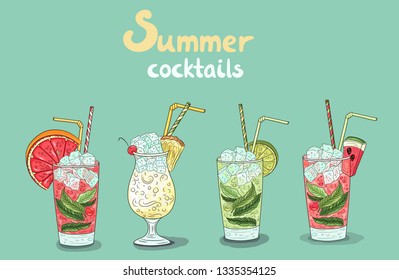 Summer freshness drinks set. Pina cola, watermelon fresh, mojito, grapefruit  juicy cocktail. Juicy sweet cocktails collection.