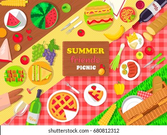 Summer friends picnic poster with delicious food. Hot cherry pie, tasty sandwiches, roasted meet, fresh hot dogs and juicy fruits vector illustration.