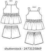 SUMMER FRILLED TOP WITH FRILL PEPLUM AND SHORTS COORDINATE SET DESIGNED FOR BABIES, INFANT GIRL AND TODDLER GIRLS IN VECTOR ILLUSTRATION