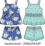 SUMMER FRILLED TOP WITH FRILL PEPLUM AND SHORTS COORDINATE SET DESIGNED FOR BABIES, INFANT GIRL AND TODDLER GIRLS IN VECTOR ILLUSTRATION