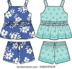 SUMMER FRILLED TOP WITH FRILL PEPLUM AND SHORTS COORDINATE SET DESIGNED FOR BABIES, INFANT GIRL AND TODDLER GIRLS IN VECTOR ILLUSTRATION