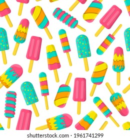 Summer frozen bright colorful ice cream with different designs. Seamless vector pattern