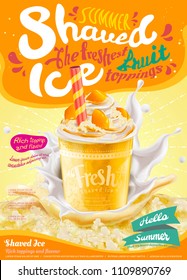 Summer frozen ice shaved poster in mango flavor in 3d illustration, splashing milk and ice element