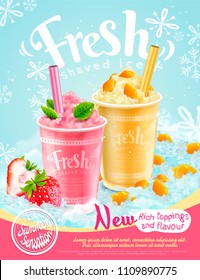 Summer frozen ice shaved poster with strawberry and mango flavors in 3d illustration, refreshing fruit and toppings